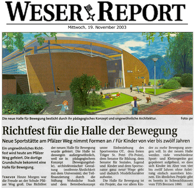 Artikel Weser-Kurier Richtfest Sporthalle Pfälzer Weg